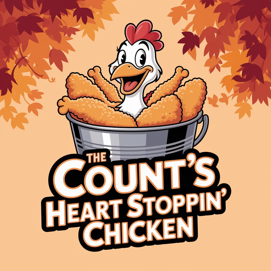 The Count's Heart Stoppin' Chicken sign with a bucket full of fried chicken in the center, surrounded by autumn leaves.