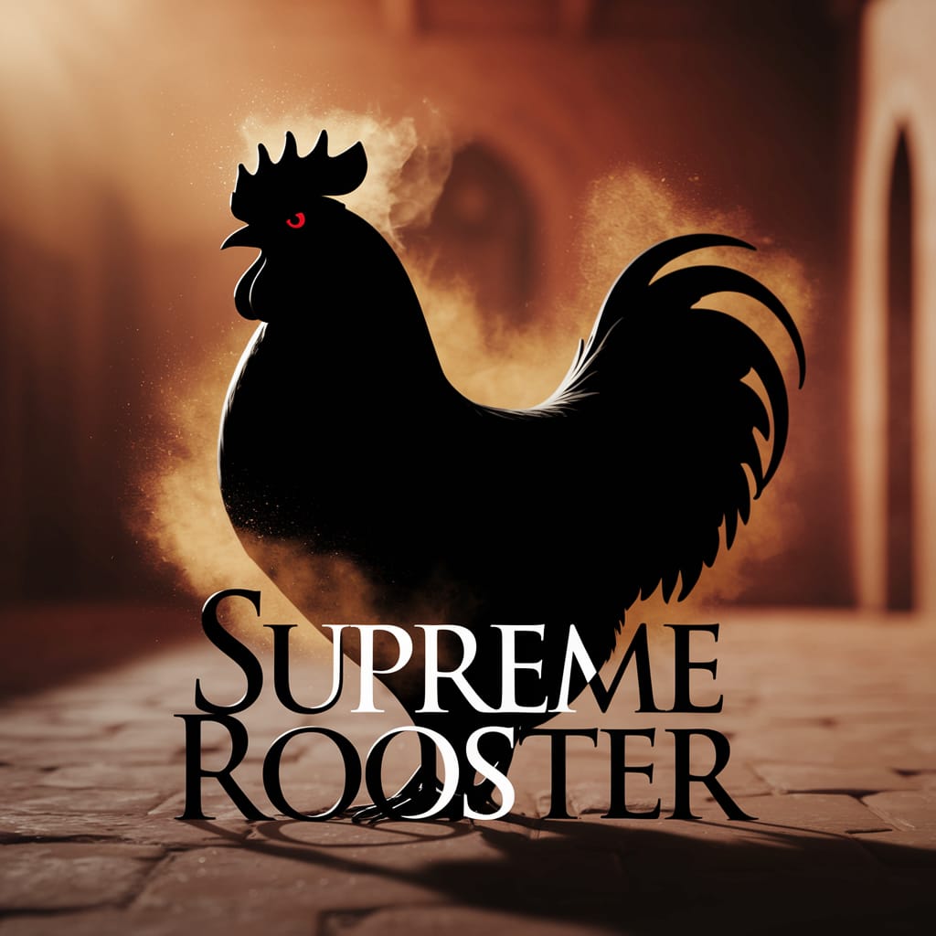 A graphic of a black chicken silhouette under a street lamp on stone ground with the words Superme Rooster.