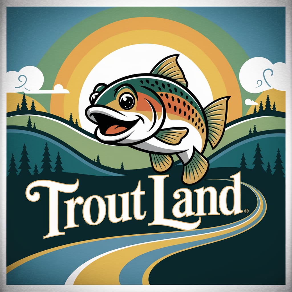 A vibrant cartoon trout swims past prominent "TroutLand" text set against a stylized green, golden arc, yellow sun, and ro...